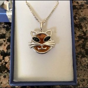 STERLING SILVER GENUINE BALTIC AMBER CAT NIB